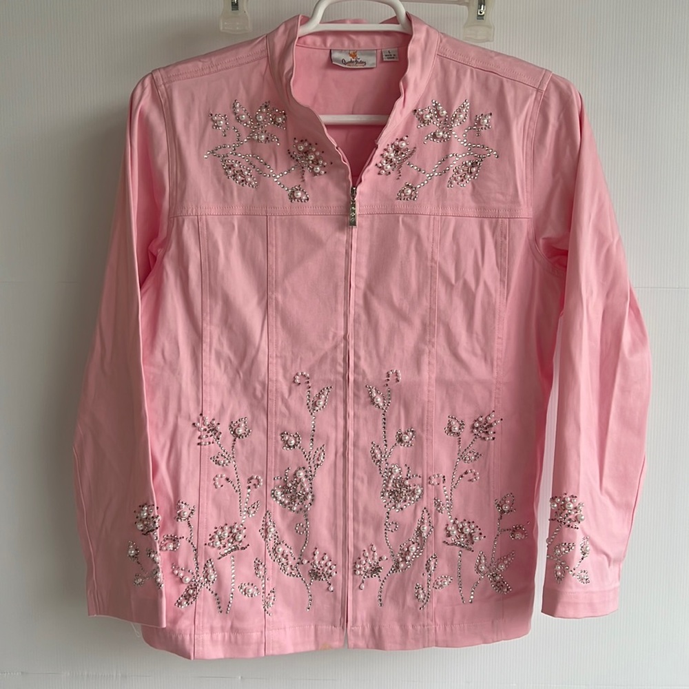 Quacker Factory Pearl Studded Embellished Pink Zip Up Jacket Size L Stretch